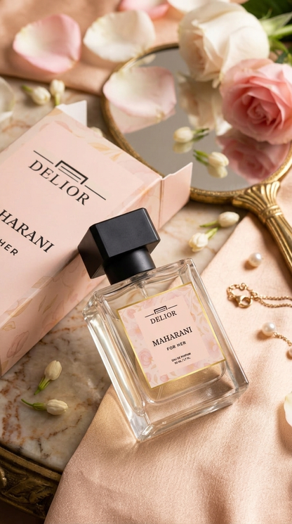 A clear glass perfume bottle labeled DELiOR MAHARANI FOR HER, styled with its pink box, soft pink roses, petals, pearls, and a gold mirror on a beige fabric surface.