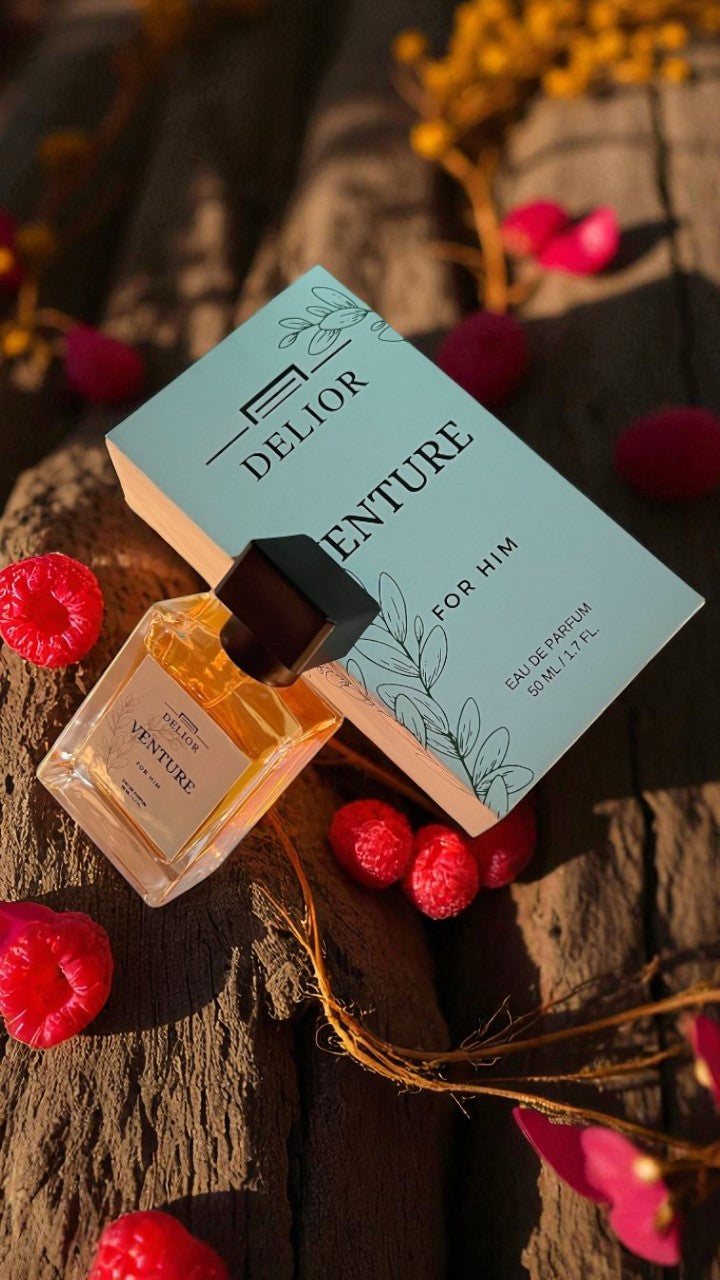 Venture perfume by Delior – unisex luxury fragrance with amber, woody, musk notes, long-lasting niche scent